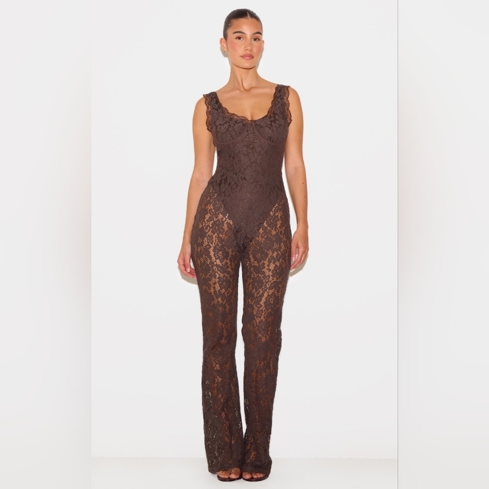Dark Chocolate Lace Boning Detail Strappy Flared Jumpsuit